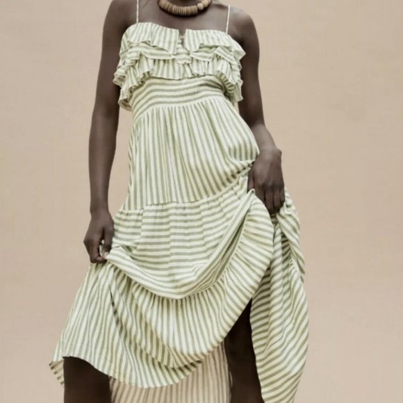 ZARA GREEN WHITE SPAGHETTI STRAP STRIPED MIDI TIERED RUFFLE DRESS - Picture 4 of 5